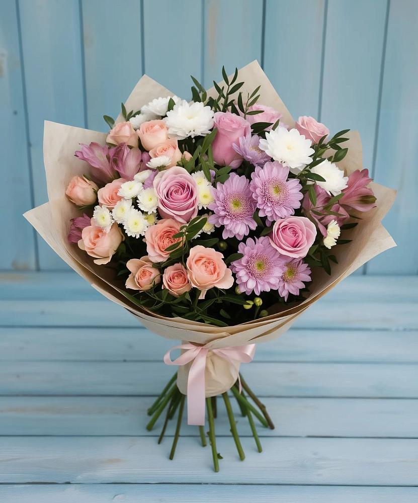 Букет цветов из: Хризантемы, Розы и Альстромерии в Новая Заимка