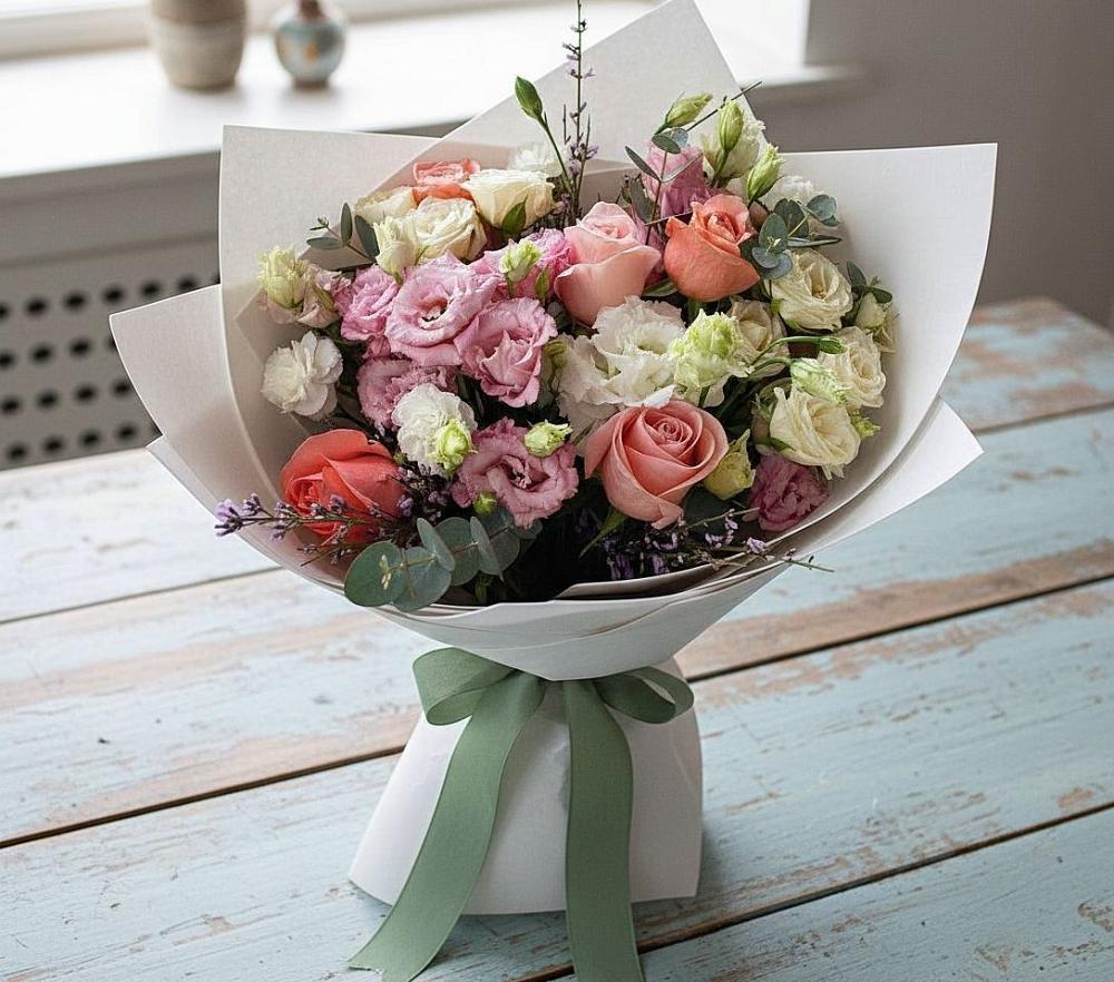 Букет цветов из: Розы, Лизиантусы и Гвоздики в Новая Заимка