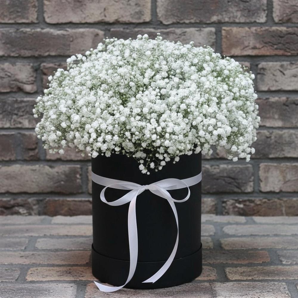 Цветочная композиция из Гипсофила в шляпной коробке в Новая Заимка