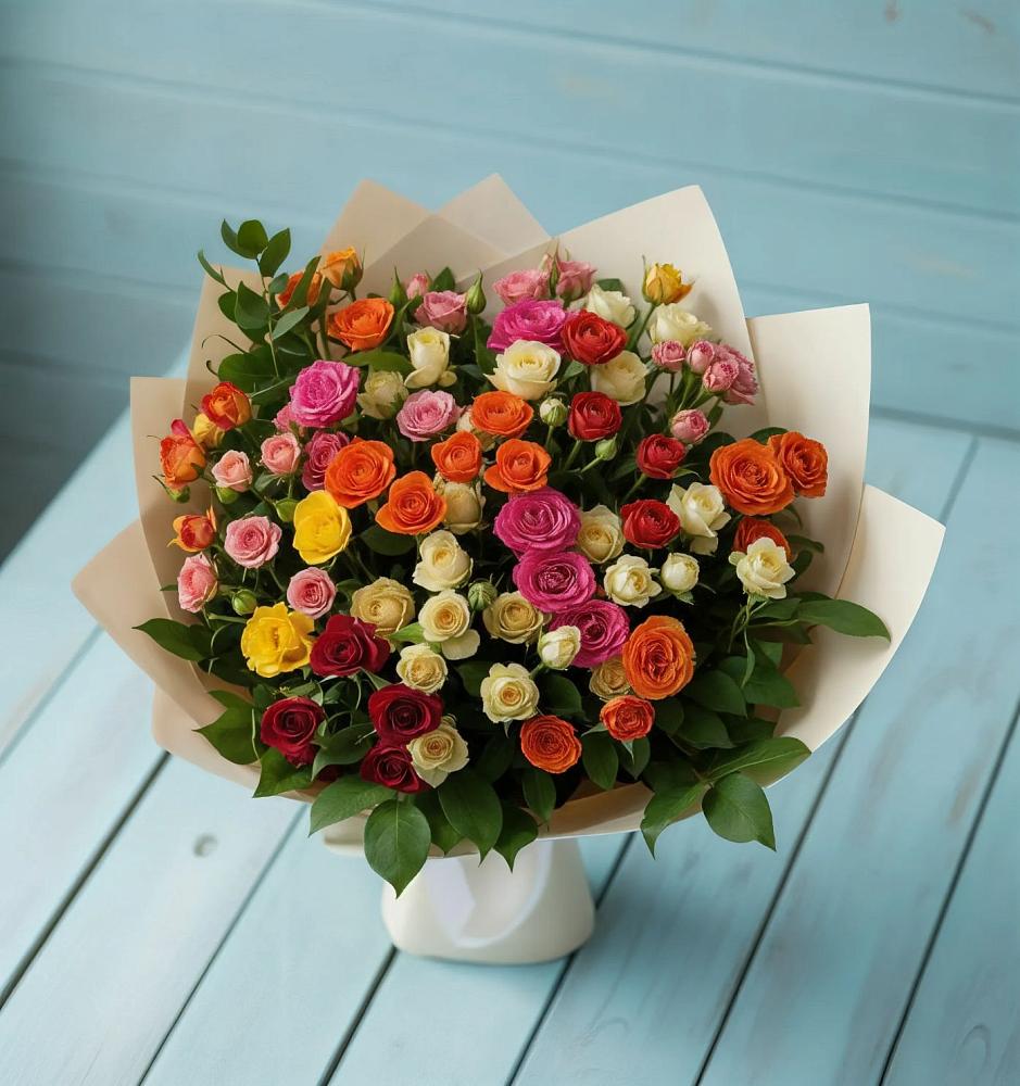 Букет Микс из разноцветных кустовых роз в Новая Заимка
