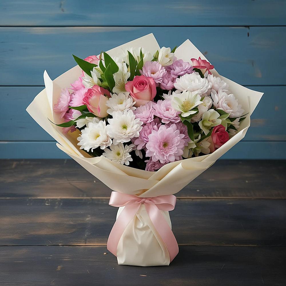 Букет цветов из: Хризантемы, Альстромерии и Розы в Новая Заимка